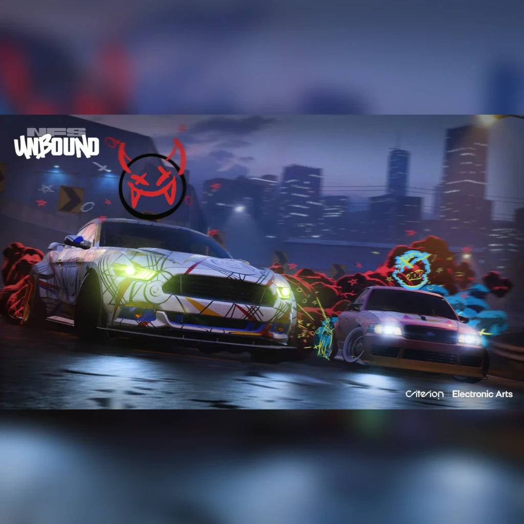 Jeu vidéo EA Games Need for Speed Unbound Standard PS5, en utilisation: deux voitures tunées en course de nuit avec effets
