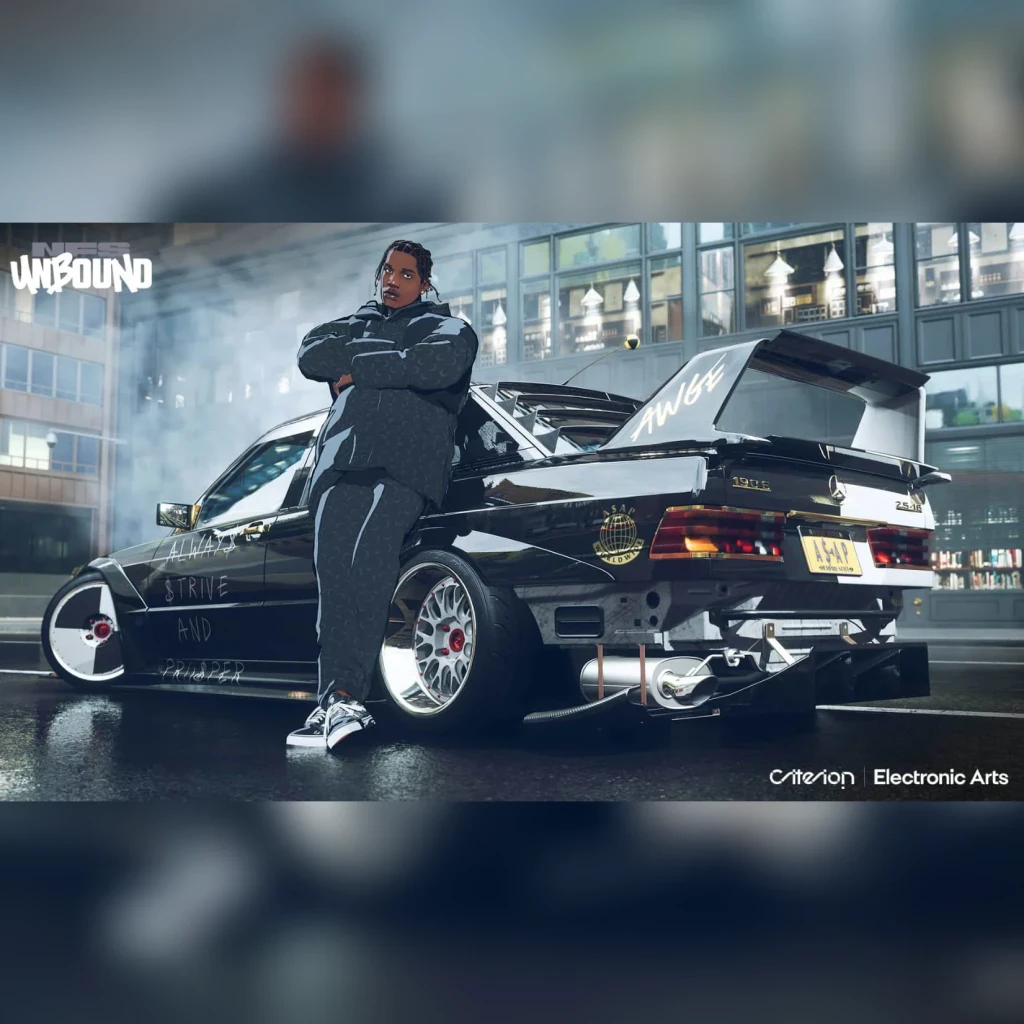 Jeu vidéo EA Games Need for Speed Unbound Standard PS5, en utilisation: A$AP Rocky appuyé sur voiture noire tunée