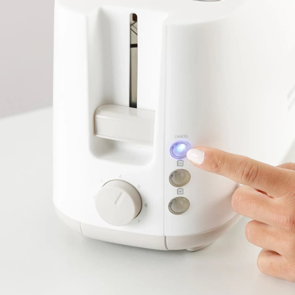 Grille-pain Taurus MyToast Toastissimo 1400W 2 Fentes Extra Larges Blanc, détail: doigt appuyant sur le bouton Cancel