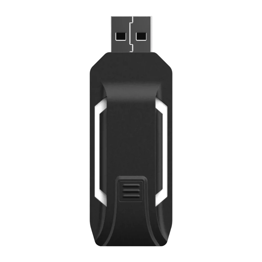 Adaptador USB PXN N7 Negro PS4/PS5, vista trasera: cuerpo negro con franjas LED blancas laterales y conector USB-A