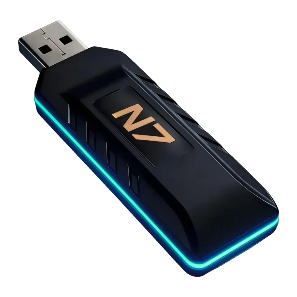 Adaptador USB PXN N7 Negro PS4/PS5, detalle: logo N7 dorado y luz LED cyan perimetral en cuerpo negro