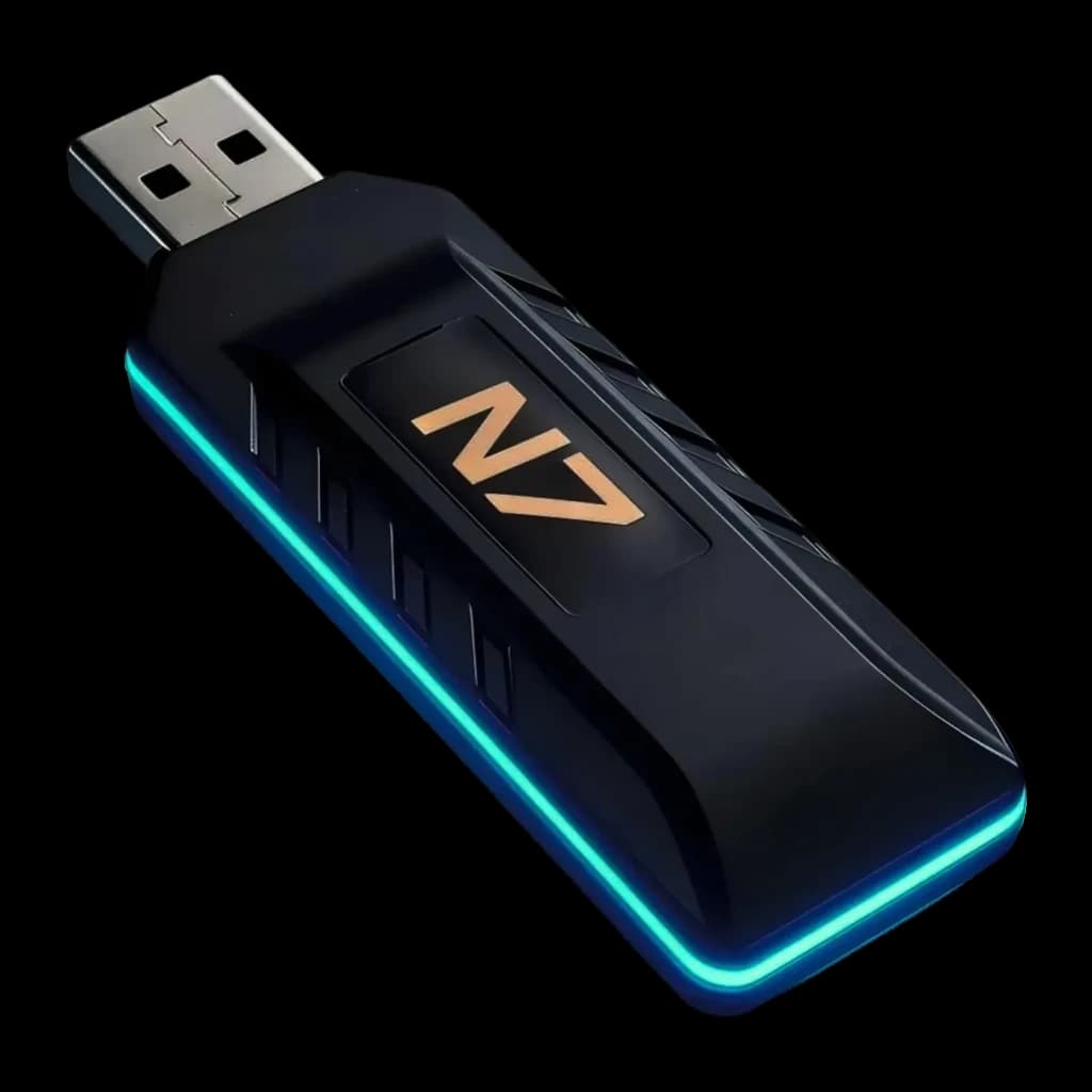 Adaptador USB PXN N7 Negro PS4/PS5, detalle: logo N7 dorado y luz LED cyan perimetral en cuerpo negro