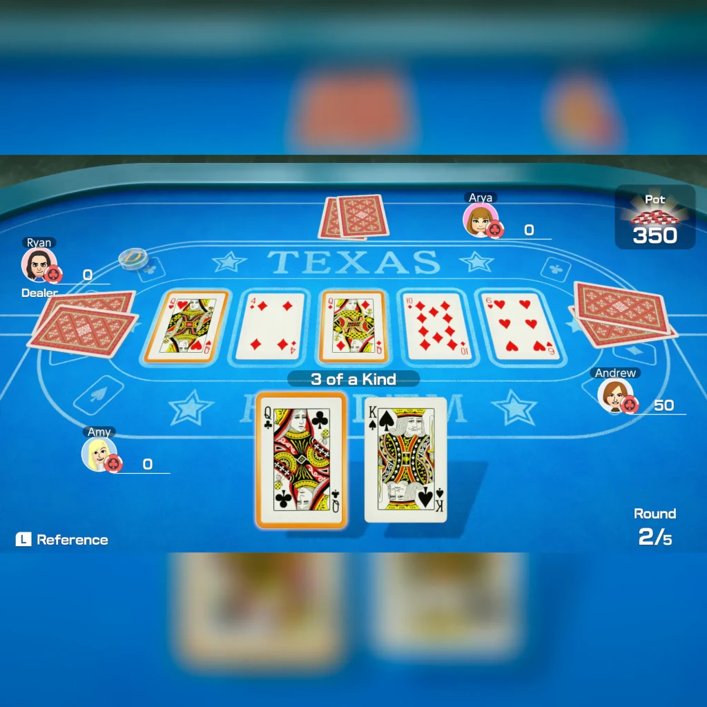Jogo para a Nintendo Switch «51 Worldwide Games» - Versão Padrão, em uso: partida de Texas Hold'em com avatares Mii e mão 3