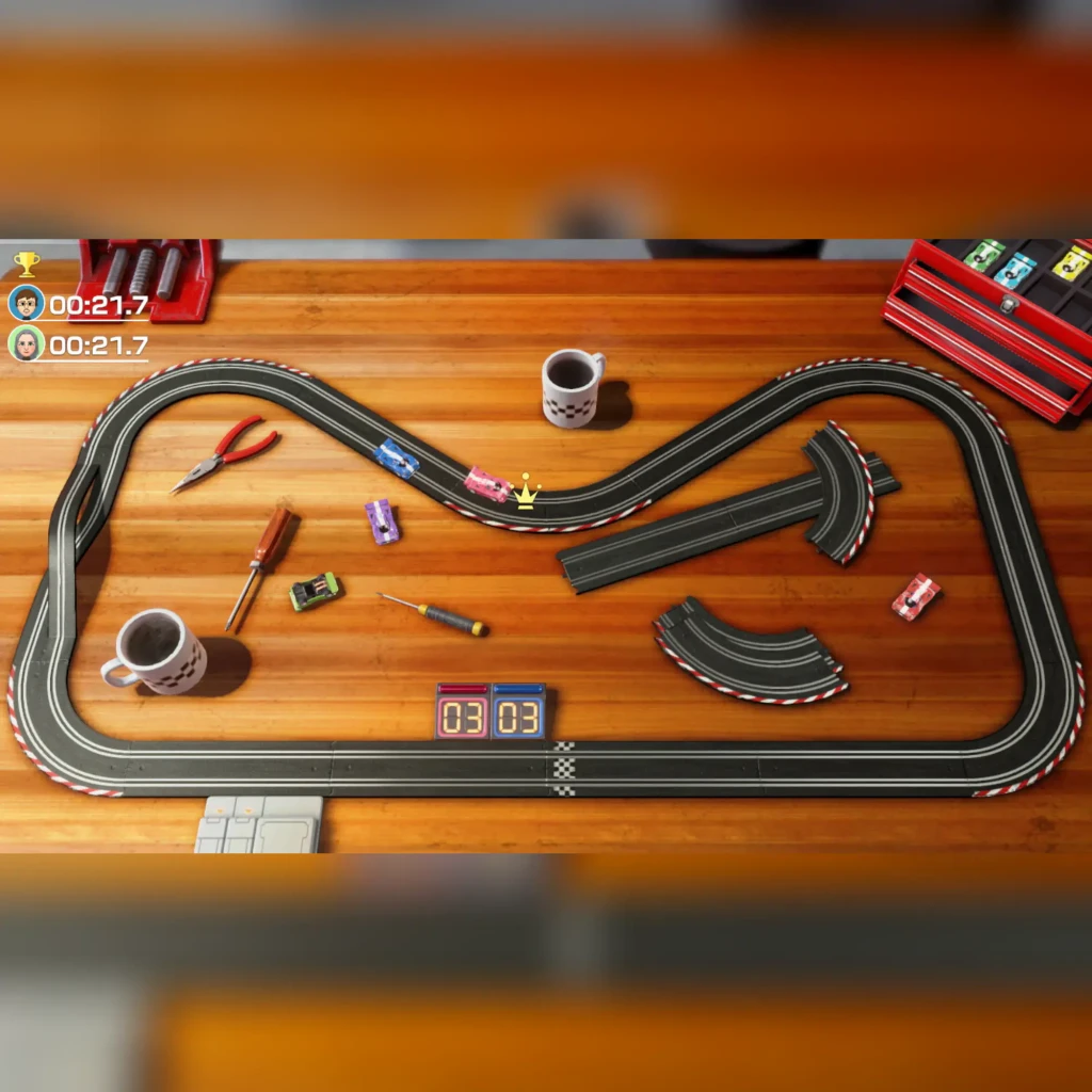 Jogo para a Nintendo Switch «51 Worldwide Games» - Versão Padrão, em uso: minijogo de slot cars com pista oval em mesa