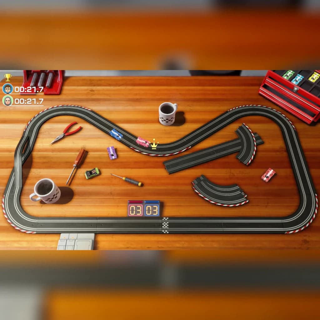 Jogo para a Nintendo Switch «51 Worldwide Games» - Versão Padrão, em uso: minijogo de slot cars com pista oval em mesa