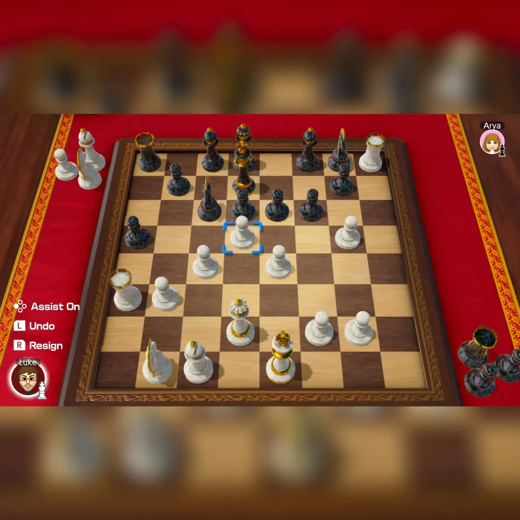 Jogo para a Nintendo Switch «51 Worldwide Games» - Versão Padrão em uso: partida de xadrez com avatares Mii e peça