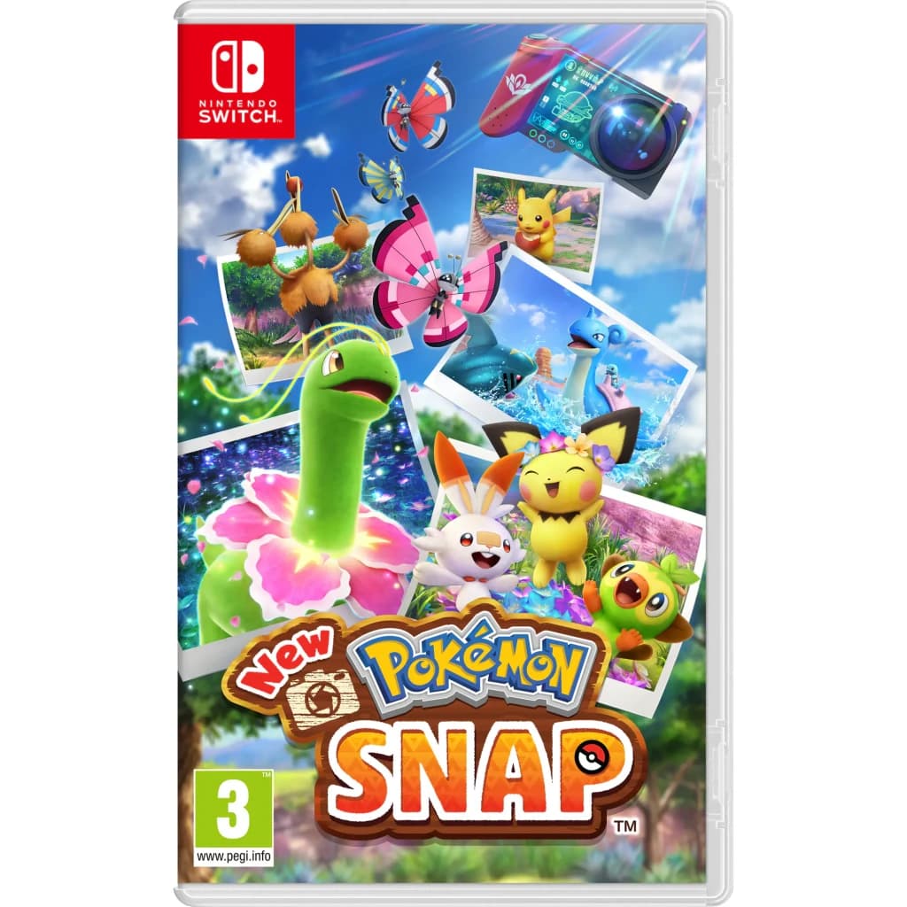 Jogo de vídeo Nintendo New Pokémon Snap para Switch - Edição Padrão, vista frontal: capa com Pikachu, Scorbunny e Pokémon