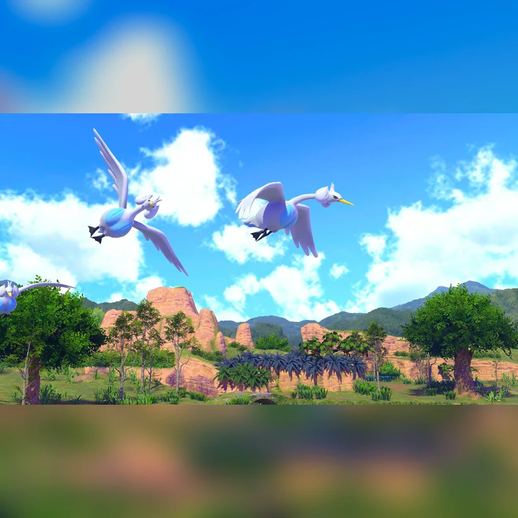 Jogo de vídeo Nintendo New Pokémon Snap para Switch - Edição Padrão, em uso: dois Swanna a voar sobre paisagem tropical