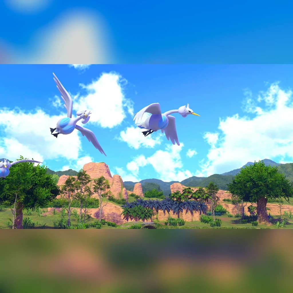 Jogo de vídeo Nintendo New Pokémon Snap para Switch - Edição Padrão, em uso: dois Swanna a voar sobre paisagem tropical