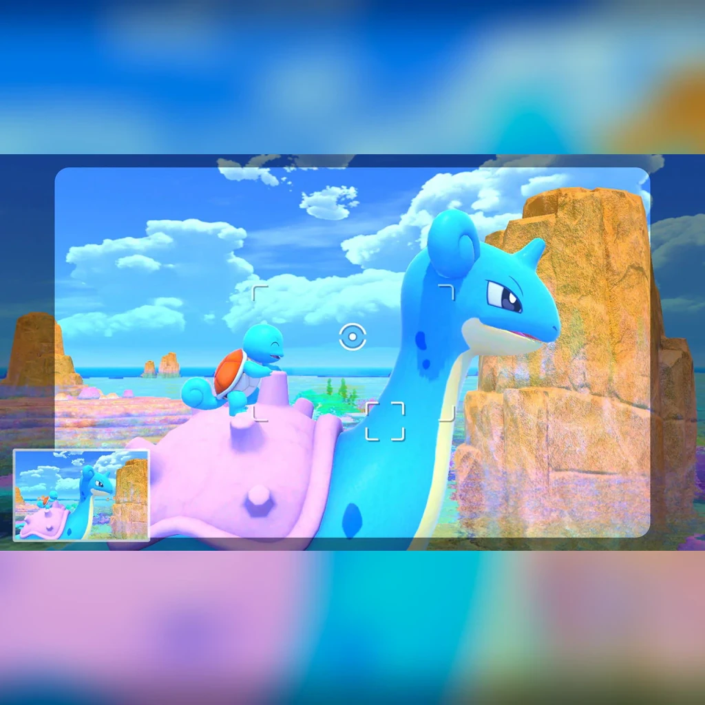 Jogo de vídeo Nintendo New Pokémon Snap para Switch - Edição Padrão, em uso: captura in-game de Lapras e Squirtle em cenário
