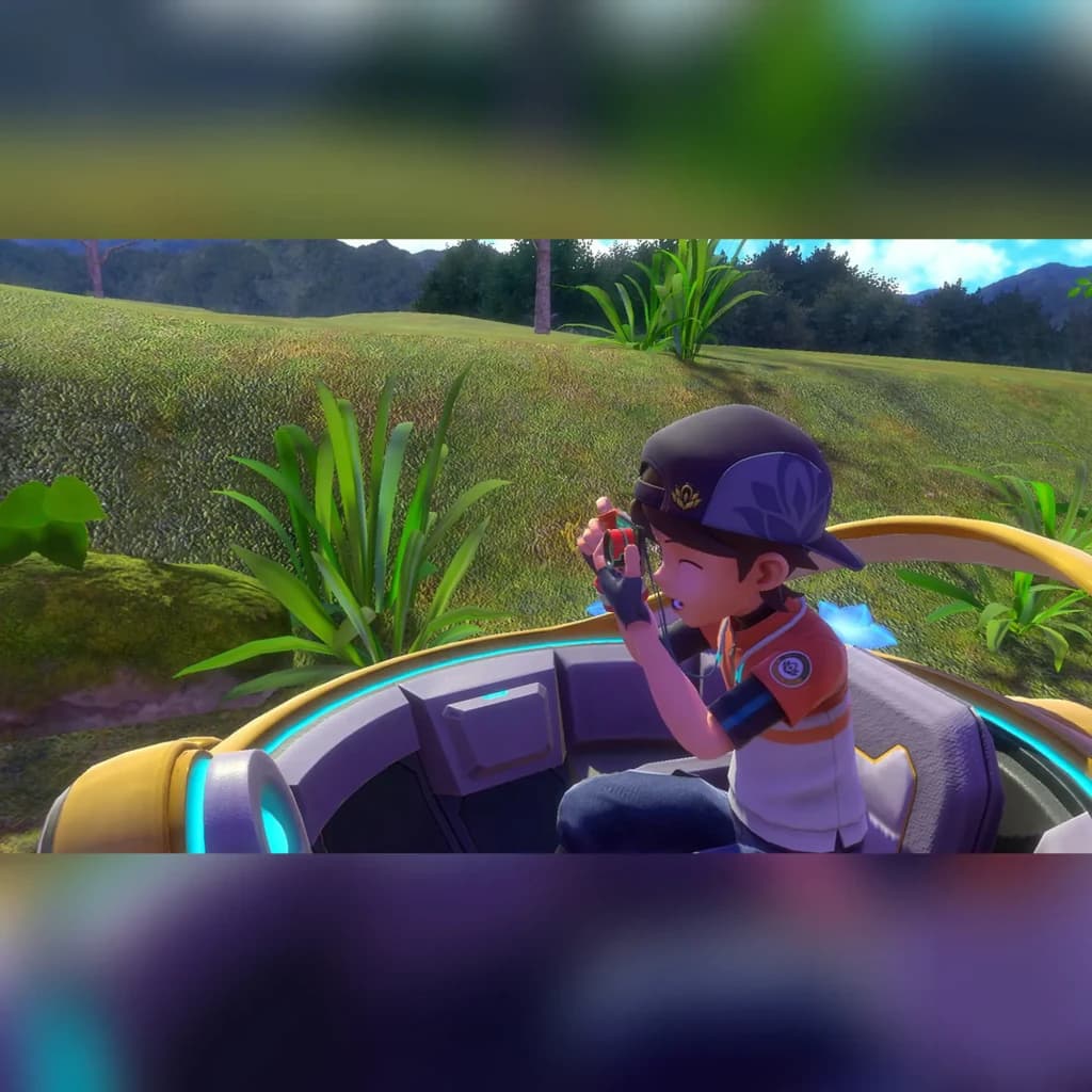 Jogo de vídeo Nintendo New Pokémon Snap para Switch - Edição Padrão, em uso: personagem fotografando Pokémon de veículo
