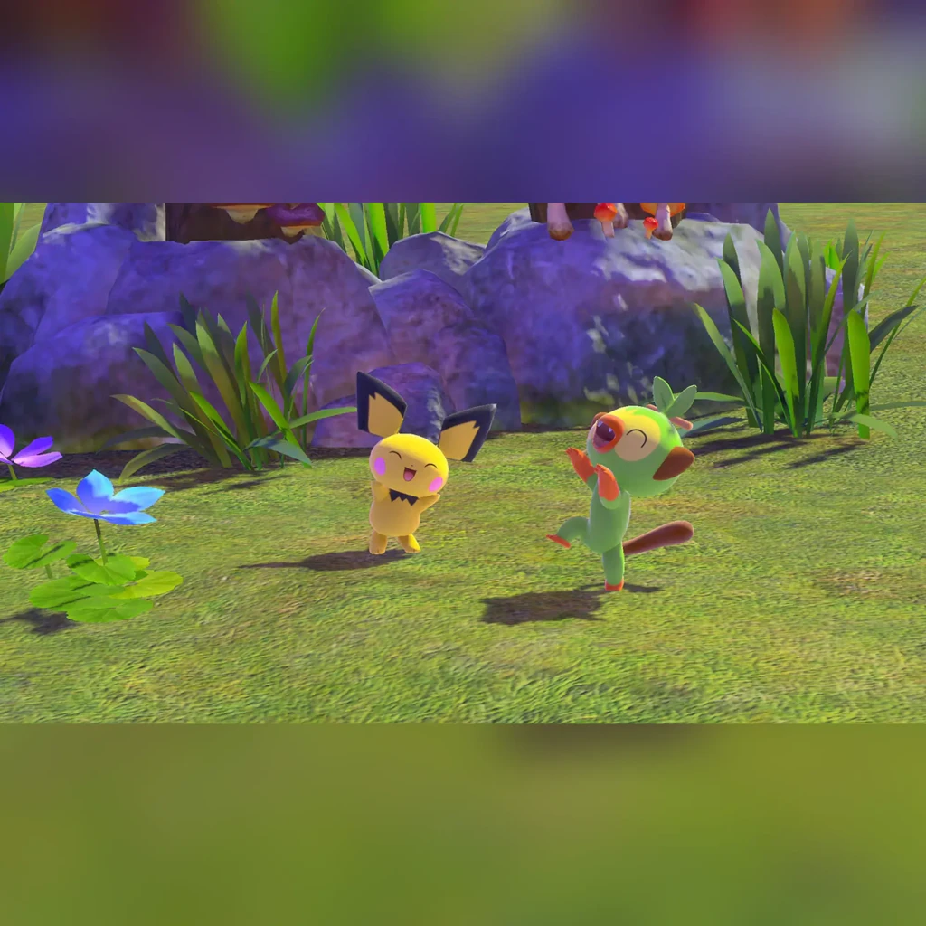 Jogo de vídeo Nintendo New Pokémon Snap para Switch - Edição Padrão, em uso: Pichu e Grookey a correr num prado com rochas