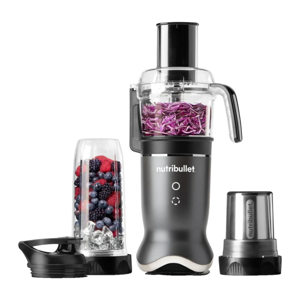 Blender NutriBullet 0,9L 1200W Gris Foncé NB1224DG, vue de face: base gris foncé avec bol processeur au chou rouge, gobelet