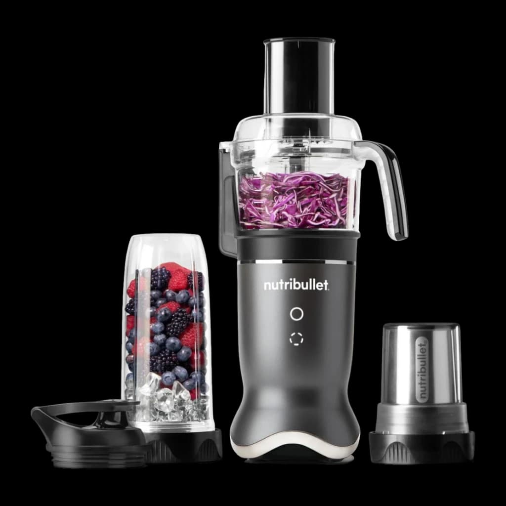 Blender NutriBullet 0,9L 1200W Gris Foncé NB1224DG, vue de face: base gris foncé avec bol processeur au chou rouge, gobelet