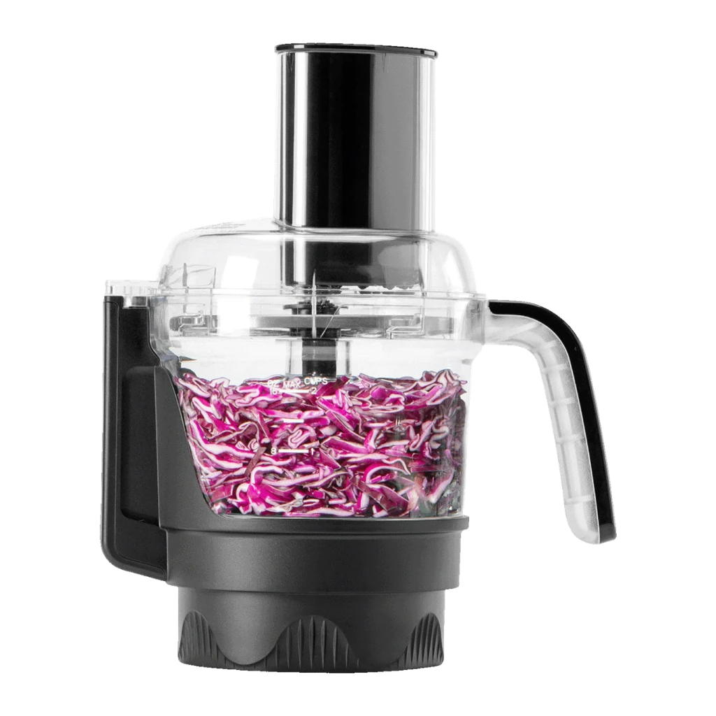 Blender NutriBullet 0,9L 1200W Gris Foncé NB1224DG, détail: accessoire robot avec chou rouge râpé à l'intérieur du bol