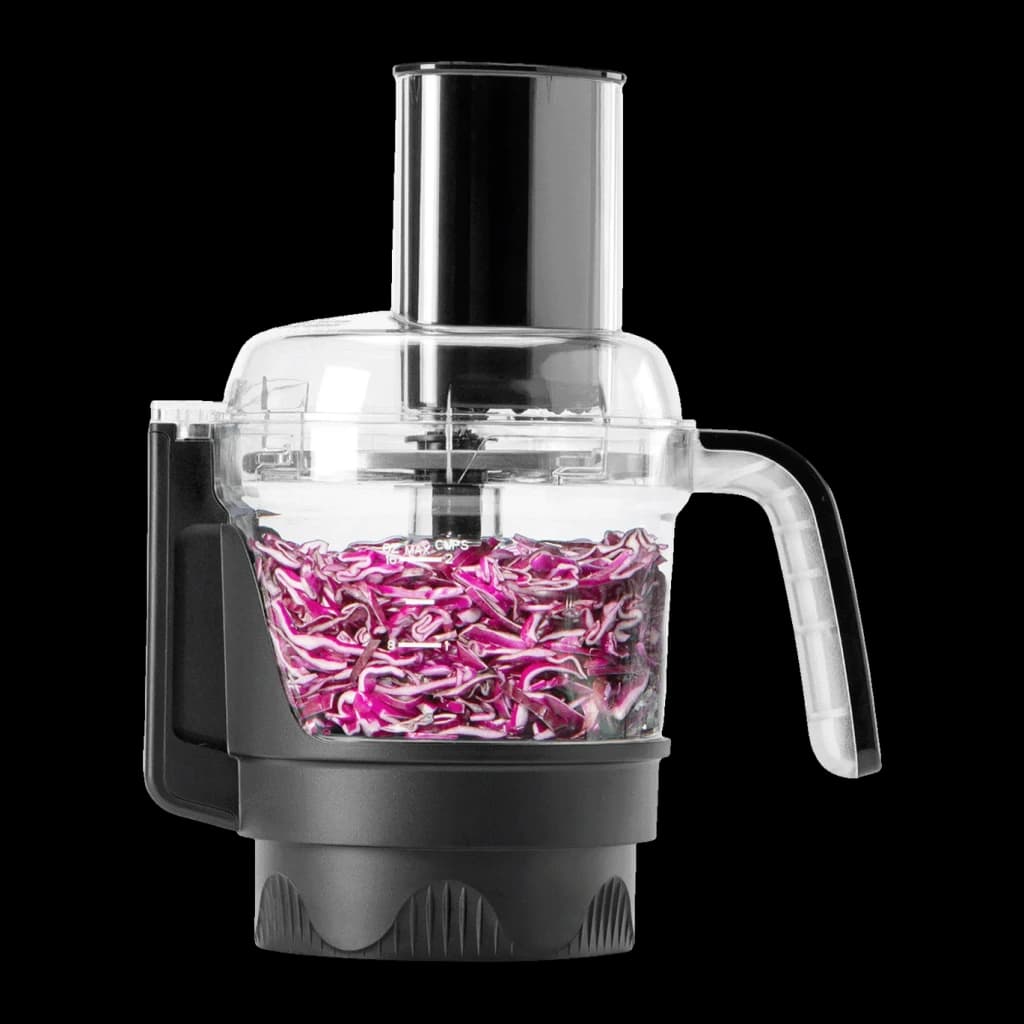 Blender NutriBullet 0,9L 1200W Gris Foncé NB1224DG, détail: accessoire robot avec chou rouge râpé à l'intérieur du bol