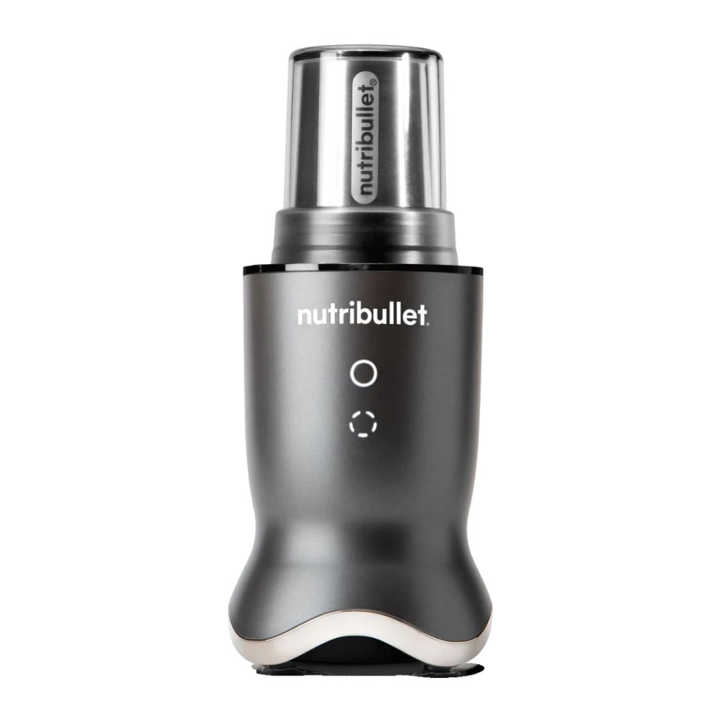Blender NutriBullet 0,9L 1200W Gris Foncé NB1224DG, détail face avant: base avec logo, deux boutons de commande et bol