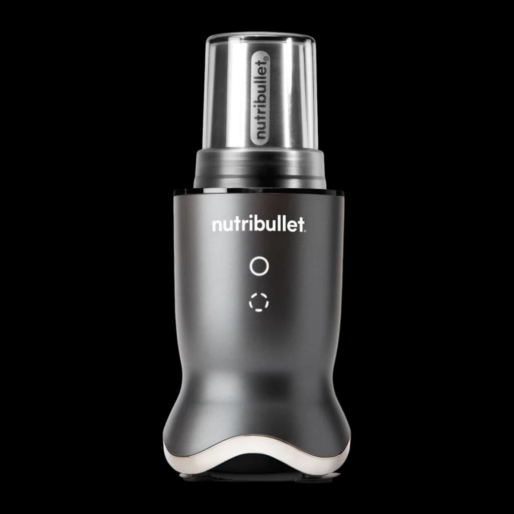 Blender NutriBullet 0,9L 1200W Gris Foncé NB1224DG, détail face avant: base avec logo, deux boutons de commande et bol
