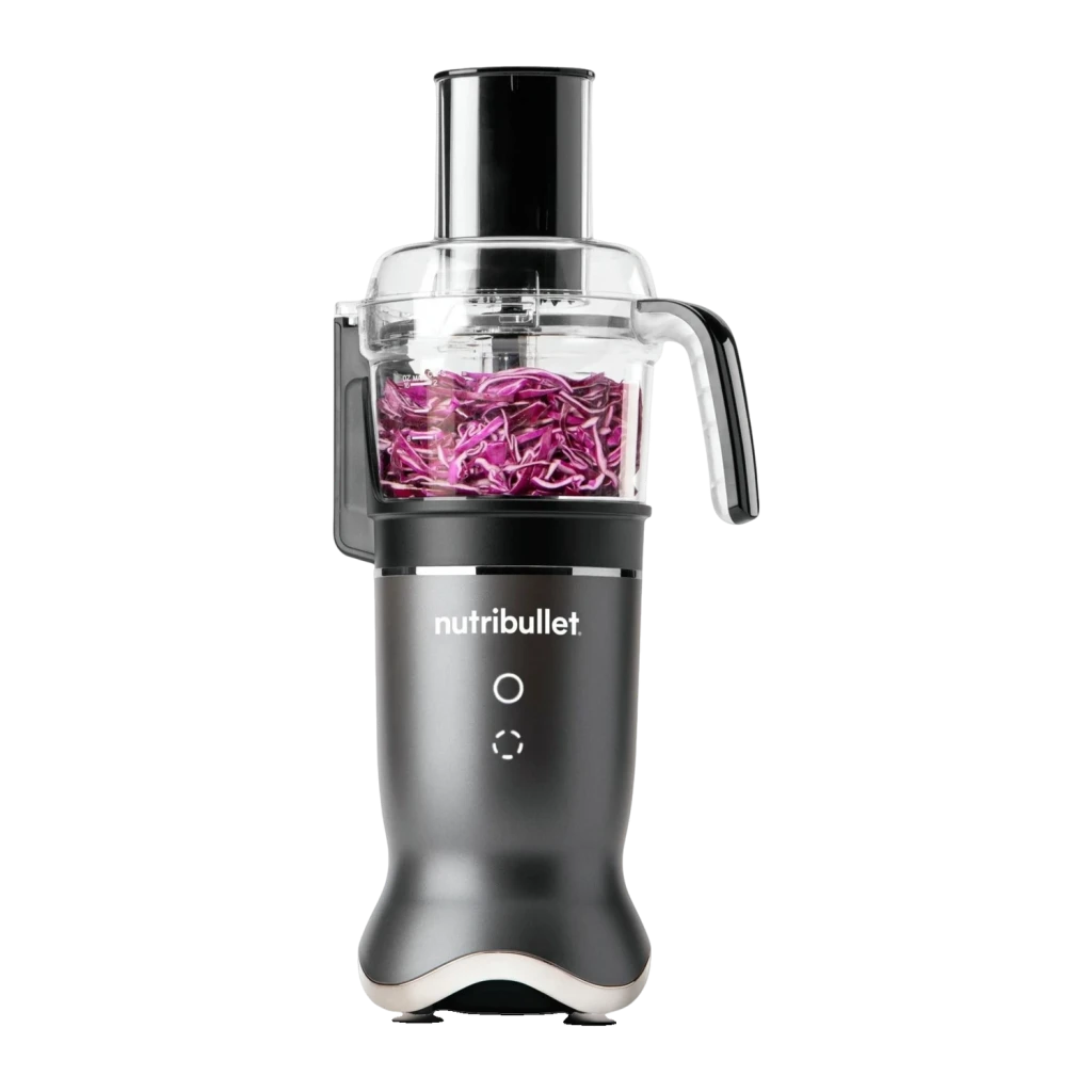 Blender NutriBullet 0,9L 1200W Gris Foncé NB1224DG, détail: bol processeur transparent avec chou rouge râpé sur socle gris