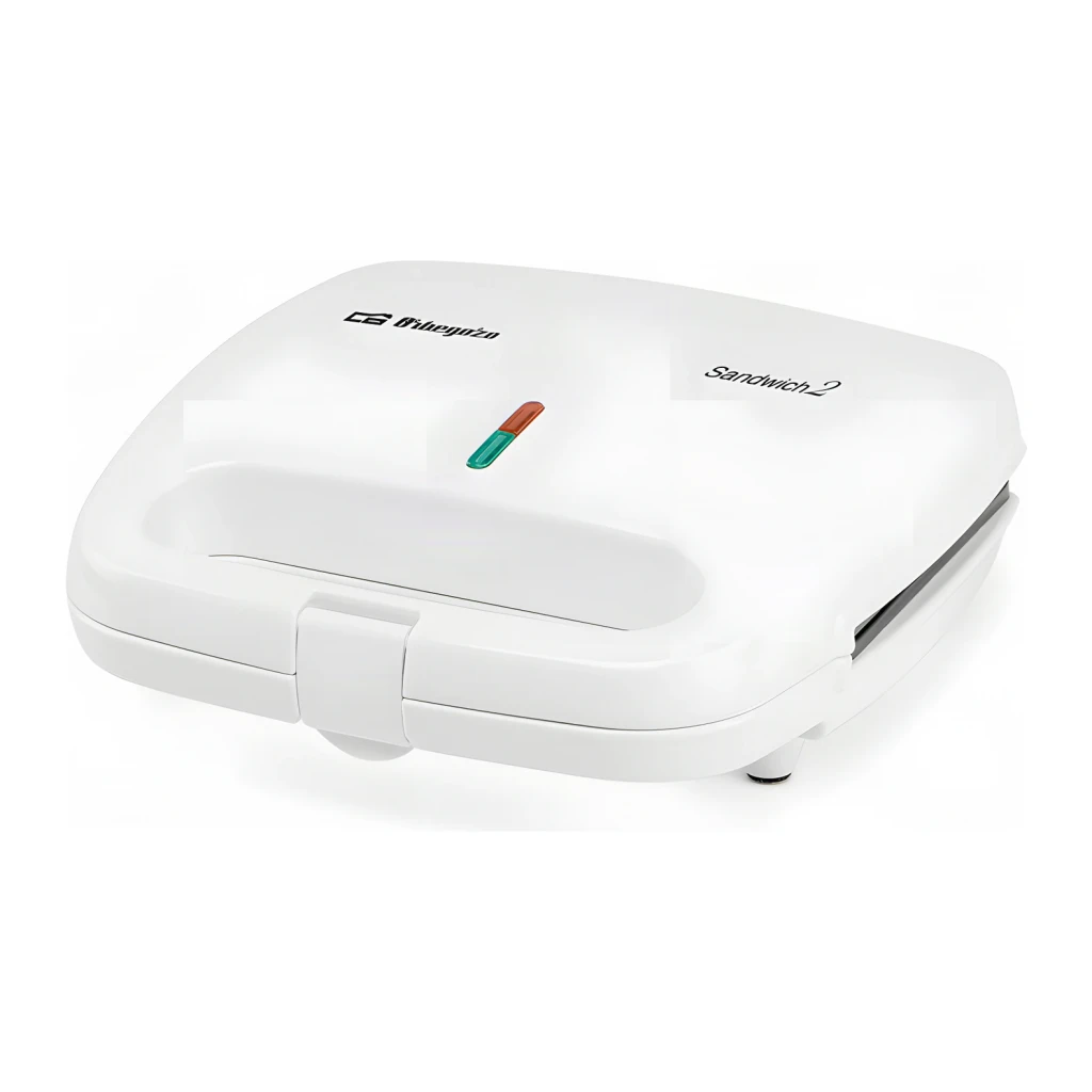 Sandwichera Orbegozo 800W 2 bocadillos Blanco SW 4915, vista frontal: tapa cerrada con logo, indicadores rojo y verde