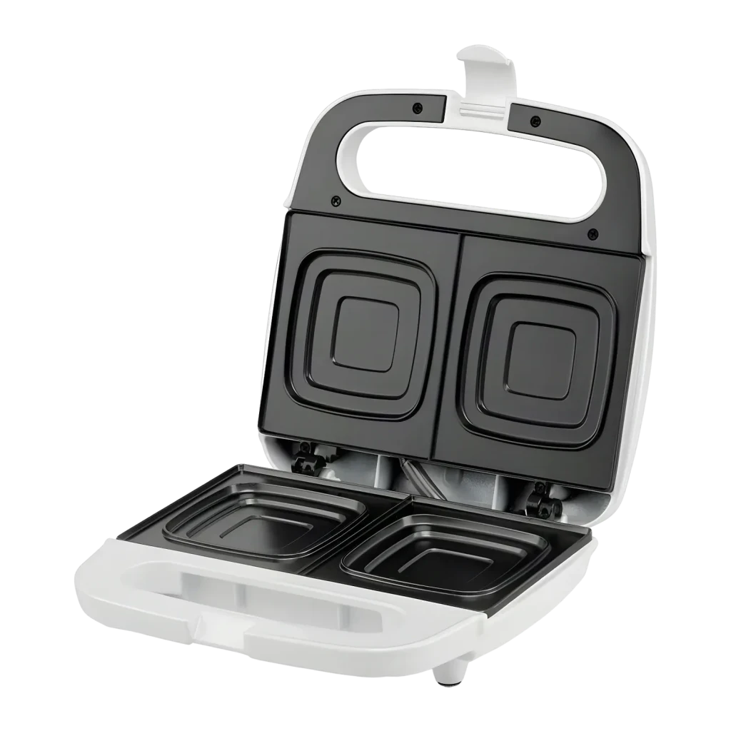 Sandwichera Orbegozo 800W 2 bocadillos Blanco SW 4915, detalle: placas antiadherentes dobles abiertas en ángulo