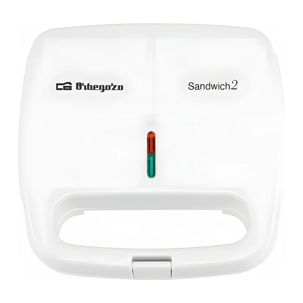 Sandwichera Orbegozo 800W 2 bocadillos Blanco SW 4915, detalle superior: logo, texto Sandwich2 e indicadores LED rojo y verde