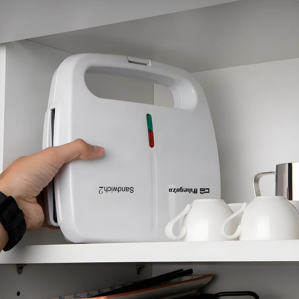 Sandwichera Orbegozo 800W 2 bocadillos Blanco SW 4915, en uso: mano guardándola vertical en armario de cocina, indicadores