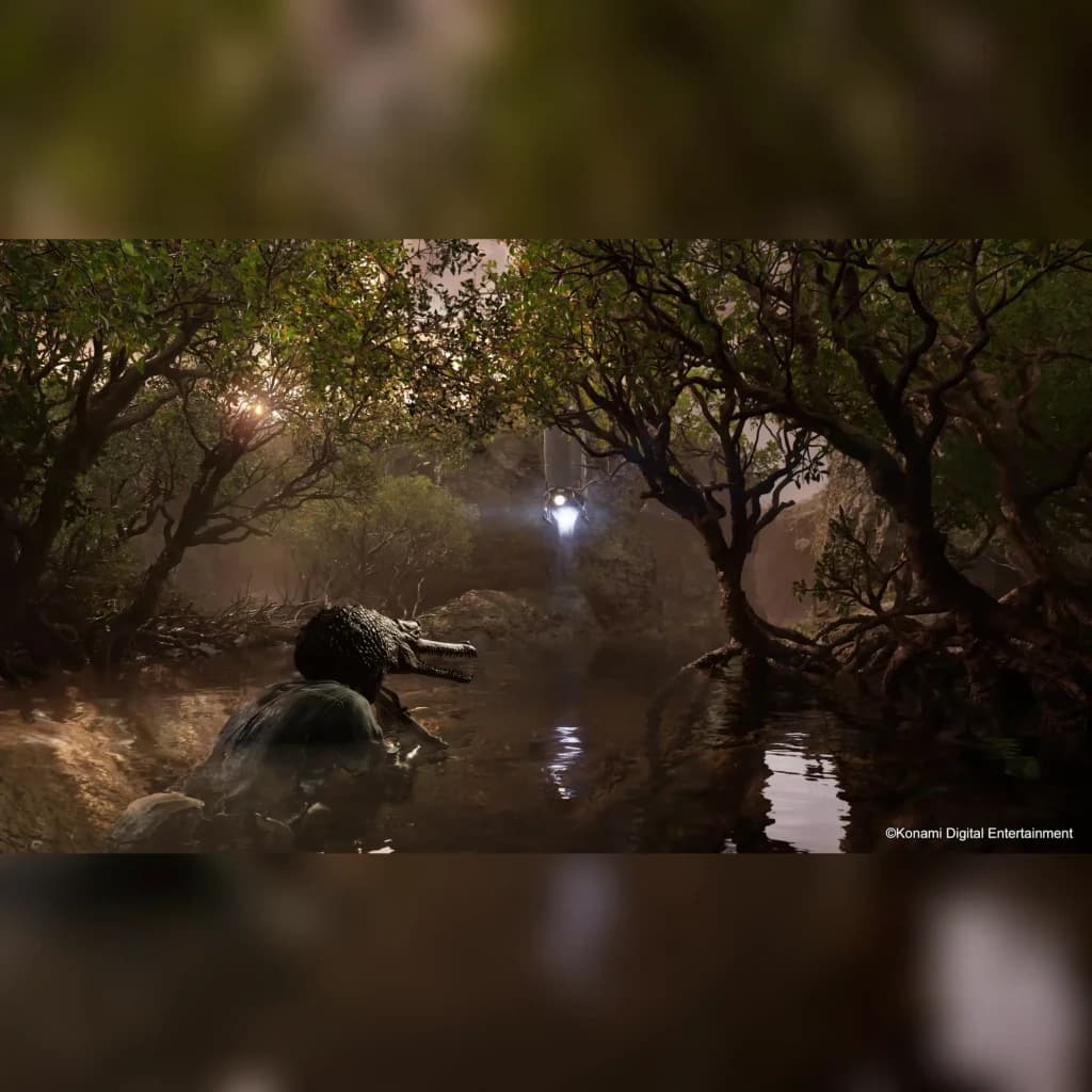 Jeu vidéo Konami Metal Gear Solid Delta : Snake Eater Day One Edition sur PS5, en jeu: Snake camouflé dans rivière de jungle