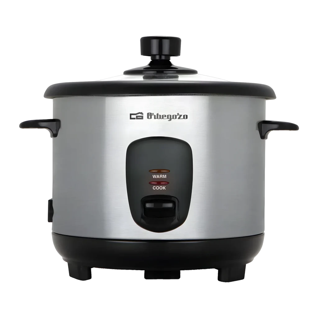 Arrocera Orbegozo 1L 400W con Vaporera Acero Inoxidable CO-3025, vista frontal: cuerpo inox con tapa negra, asas laterales