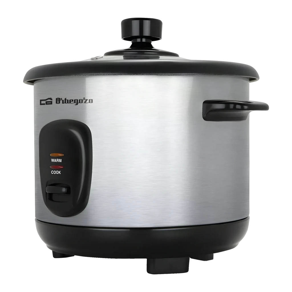 Arrocera Orbegozo 1L 400W con Vaporera Acero Inoxidable CO-3025, detalle: palanca WARM/COOK y cuerpo inoxidable con tapa