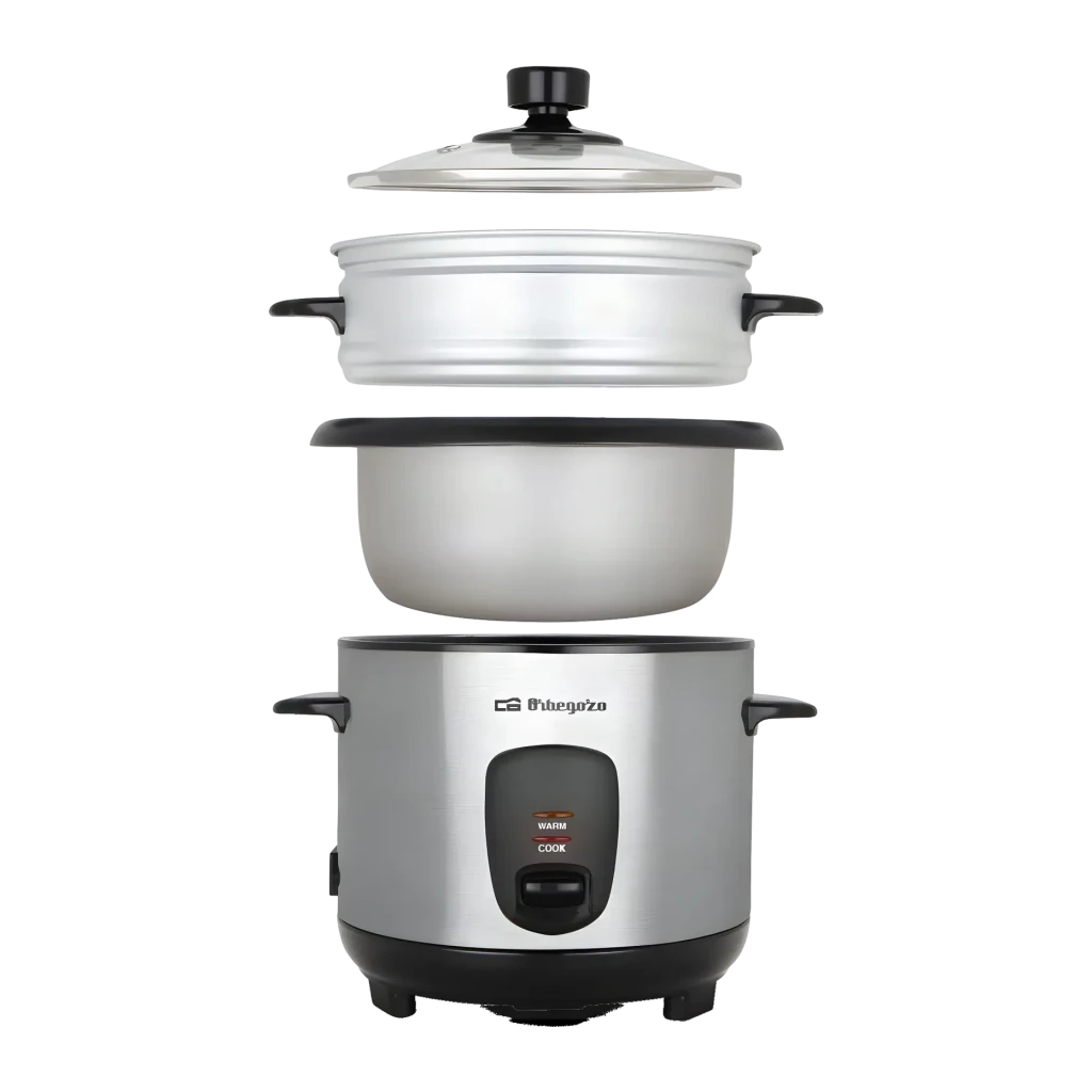 Arrocera Orbegozo 1L 400W con Vaporera Acero Inoxidable CO-3025, detalle: componentes separados, cuerpo inox, cubeta