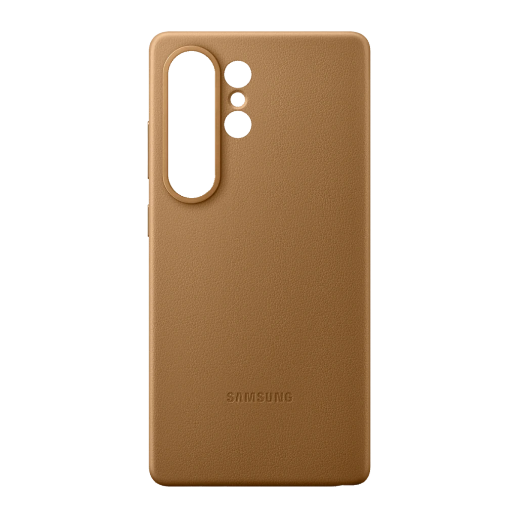 Funda para móvil Samsung Kindsuit Case Galaxy S25 Ultra Marrón, detalle: textura cuero trasera con módulo de cámaras y logo