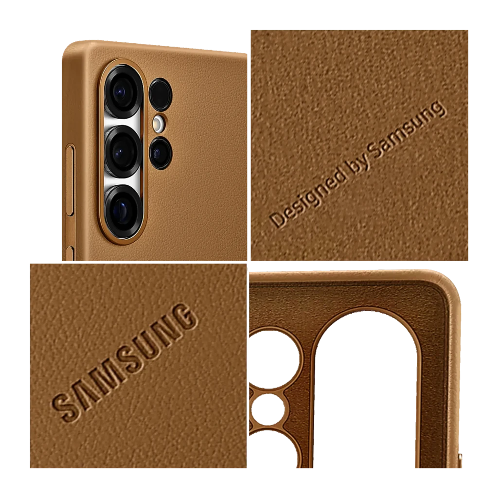 Funda para móvil Samsung Kindsuit Case Galaxy S25 Ultra Marrón, detalle: textura cuero, logo Samsung en relieve, módulo