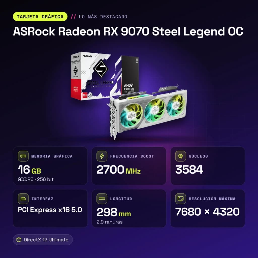 ASRock Radeon RX 9070 Steel Legend OC 16GB GDDR6 Blanco - características