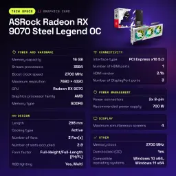 ASRock Radeon RX 9070 Steel Legend OC 16GB GDDR6 Blanco - características