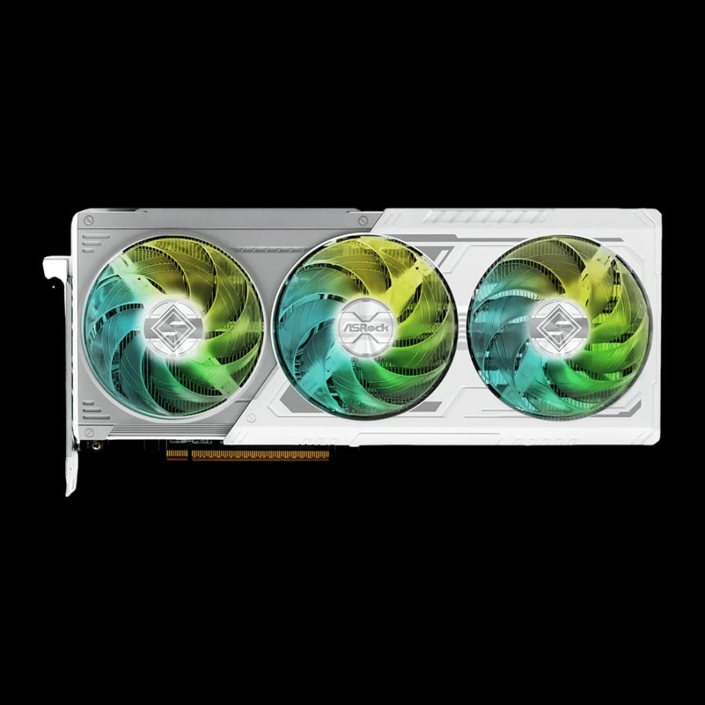 ASRock Radeon RX 9070 Steel Legend OC 16GB GDDR6 Blanco, detalle: tres ventiladores RGB con carcasa blanca vistos de frente
