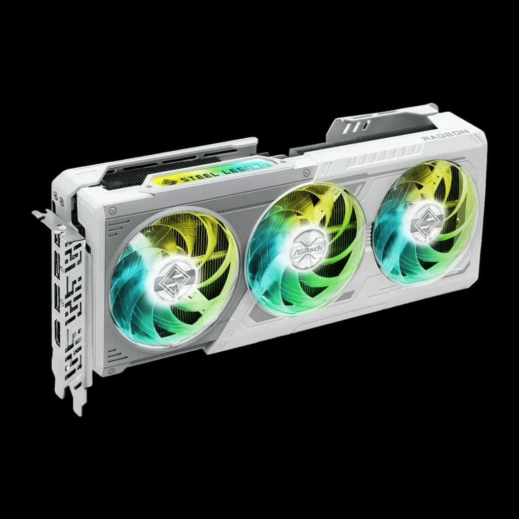 ASRock Radeon RX 9070 Steel Legend OC 16GB GDDR6 Blanco, vista frontal: carcasa blanca con triple ventilador RGB verde