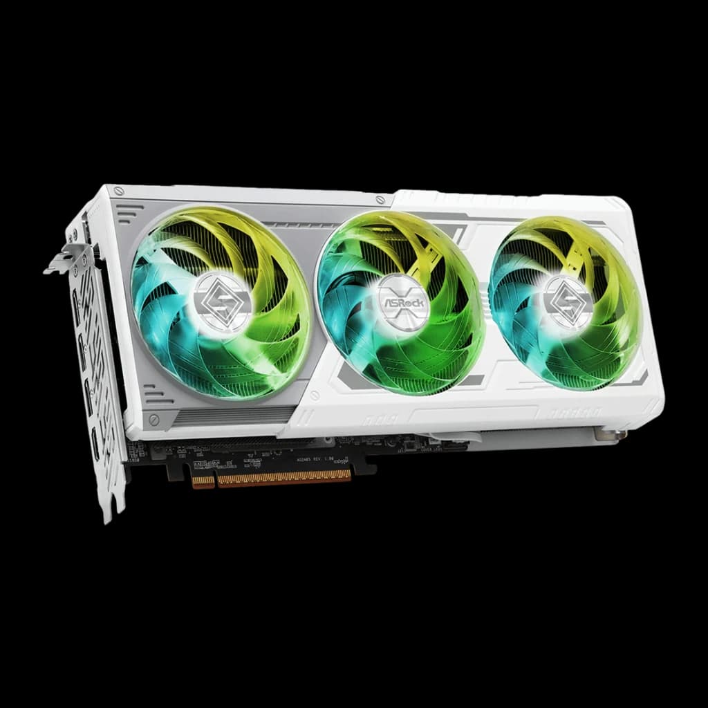 ASRock Radeon RX 9070 Steel Legend OC 16GB GDDR6 Blanco, detalle: vista en perspectiva con tres ventiladores RGB verde