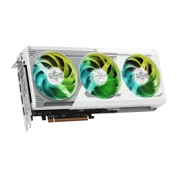 ASRock Radeon RX 9070 Steel Legend OC 16GB GDDR6 Blanco, detalle: vista en perspectiva con tres ventiladores RGB verde