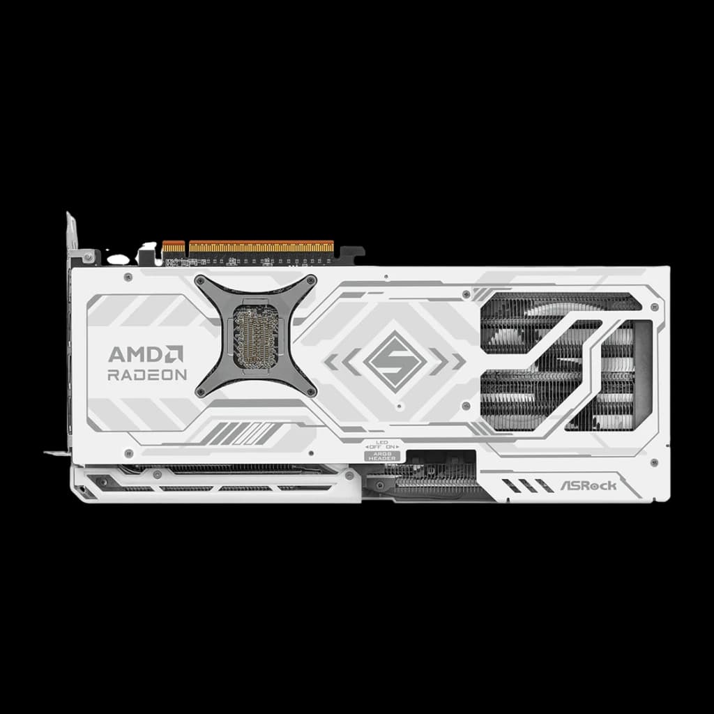 ASRock Radeon RX 9070 Steel Legend OC 16GB GDDR6 Blanco, vista trasera: backplate blanco con logo AMD Radeon, diseño