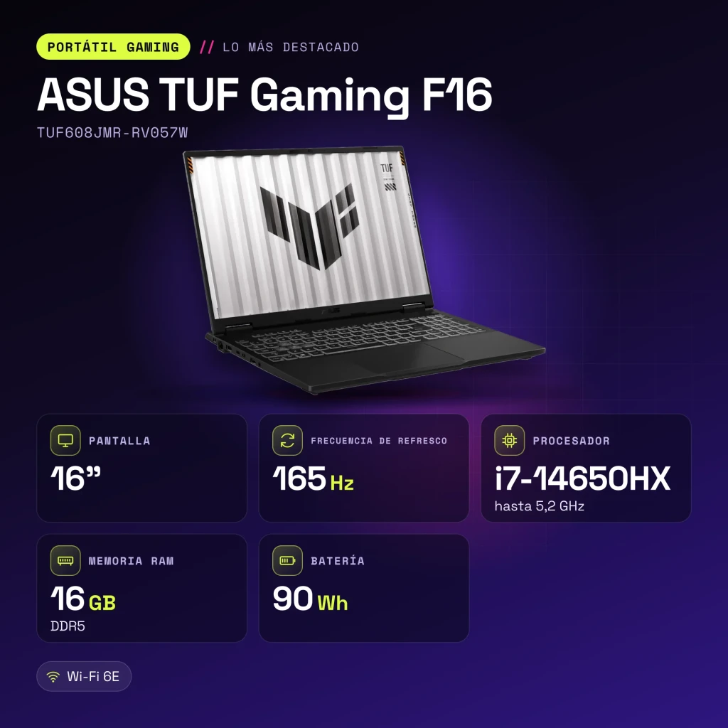 Portátil ASUS TUF Gaming F16 16GB/512GB RTX 5060 8GB GDDR7 16 polegadas WUXGA IPS Intel Core i7-14650HX DDR5 SSD NVMe PCIe 4.0 Teclado AZERTY francês Cinzento TUF608JMR-RV057W - características