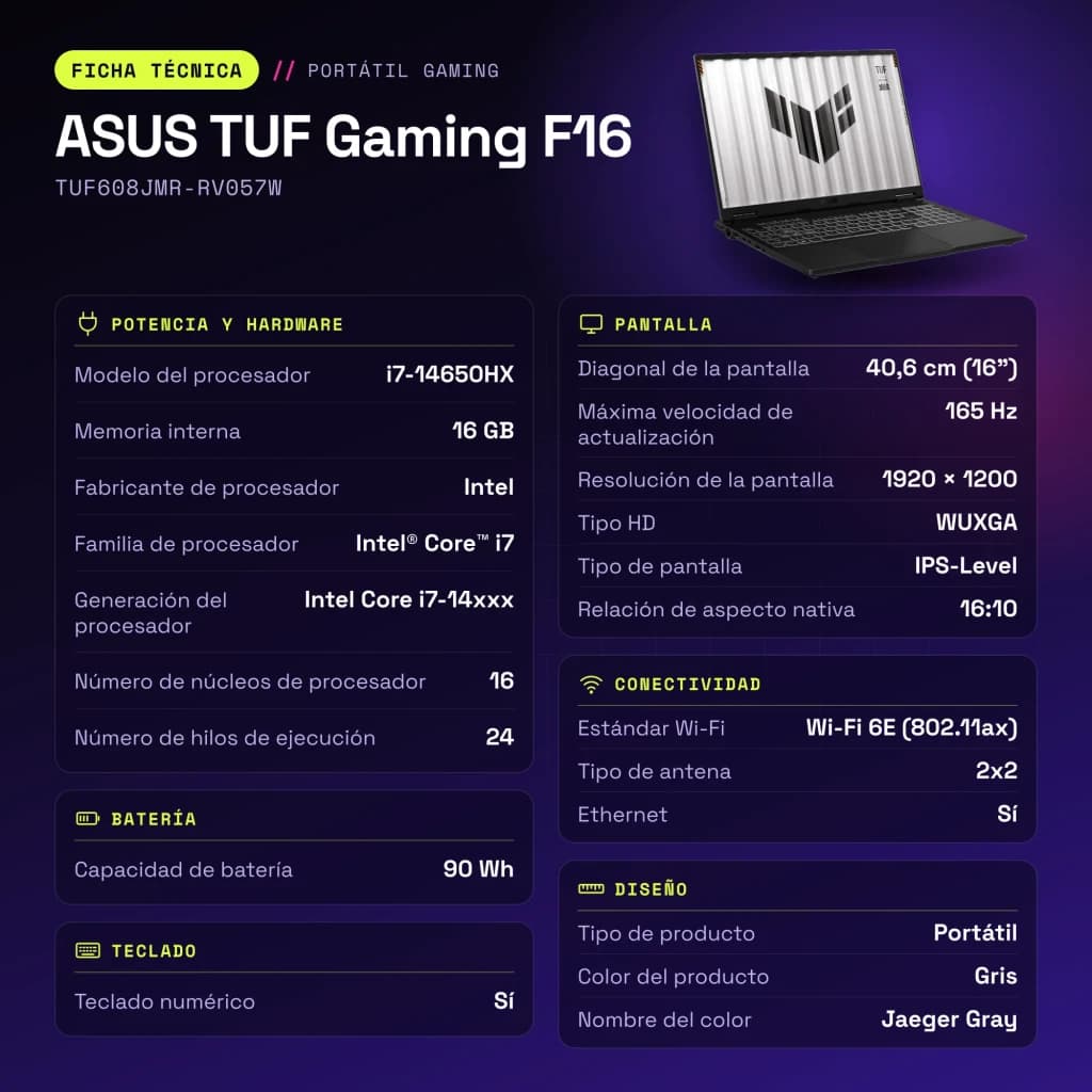 Portátil ASUS TUF Gaming F16 16GB/512GB RTX 5060 8GB GDDR7 16 polegadas WUXGA IPS Intel Core i7-14650HX DDR5 SSD NVMe PCIe 4.0 Teclado AZERTY francês Cinzento TUF608JMR-RV057W - características