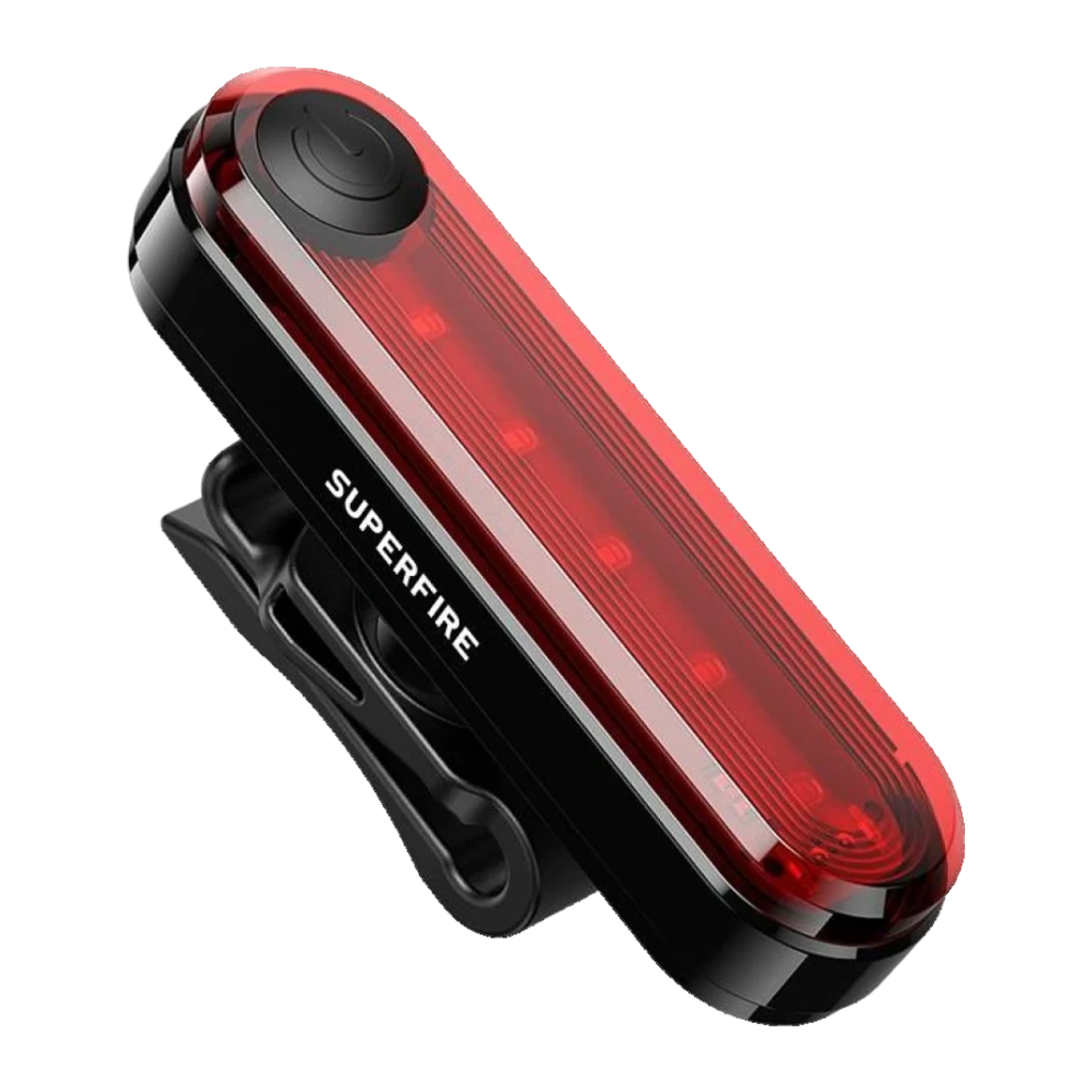 Luz trasera de bicicleta Superfire BTL01 230mAh Negro/Rojo 1W LED Roja, vista frontal: cuerpo ovalado con LEDs rojos