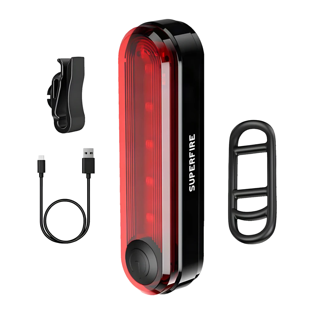 Luz trasera de bicicleta Superfire BTL01 230mAh Negro/Rojo 1W LED Roja, detalle: LEDs rojos encendidos, cable USB y soportes