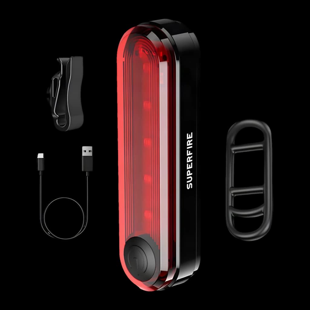 Luz trasera de bicicleta Superfire BTL01 230mAh Negro/Rojo 1W LED Roja, detalle: LEDs rojos encendidos, cable USB y soportes