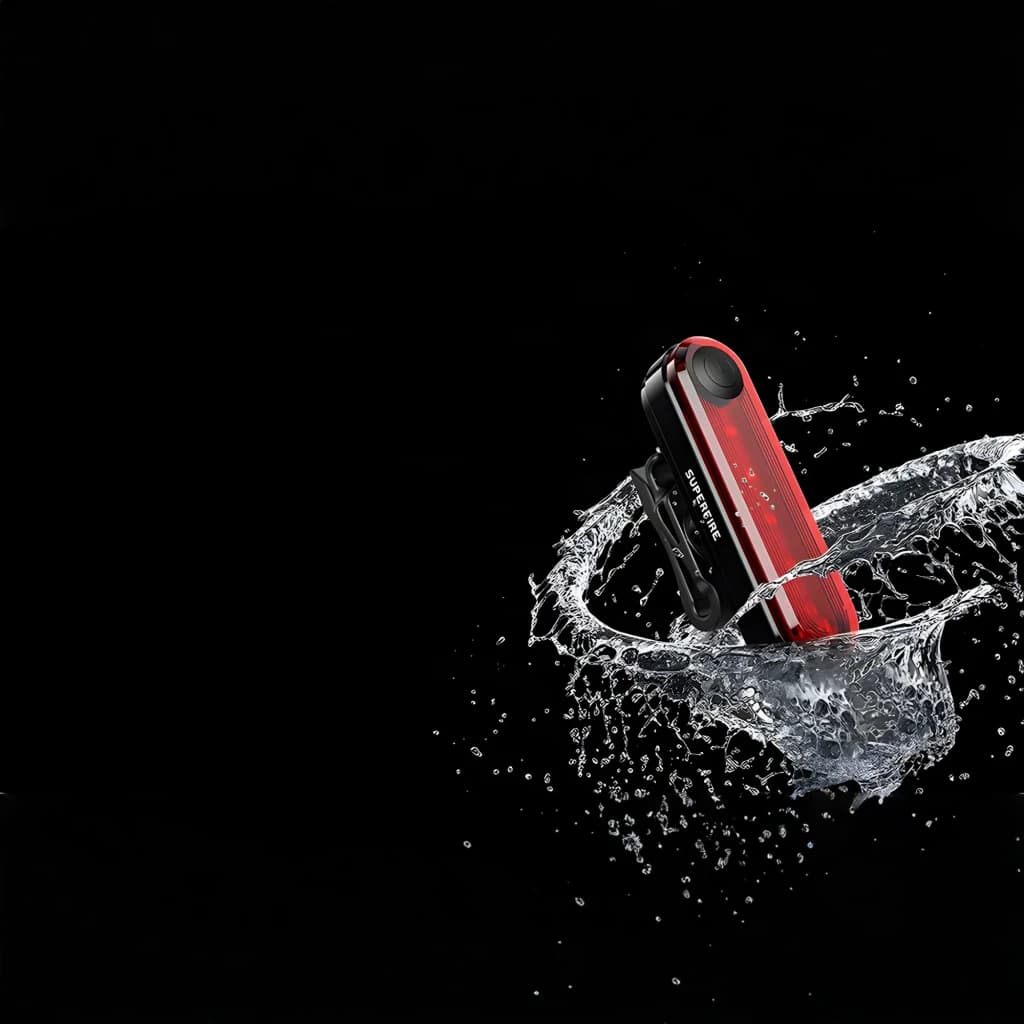 Luz trasera de bicicleta Superfire BTL01 230mAh Negro/Rojo 1W LED Roja, en uso: emergiendo de salpicadura de agua