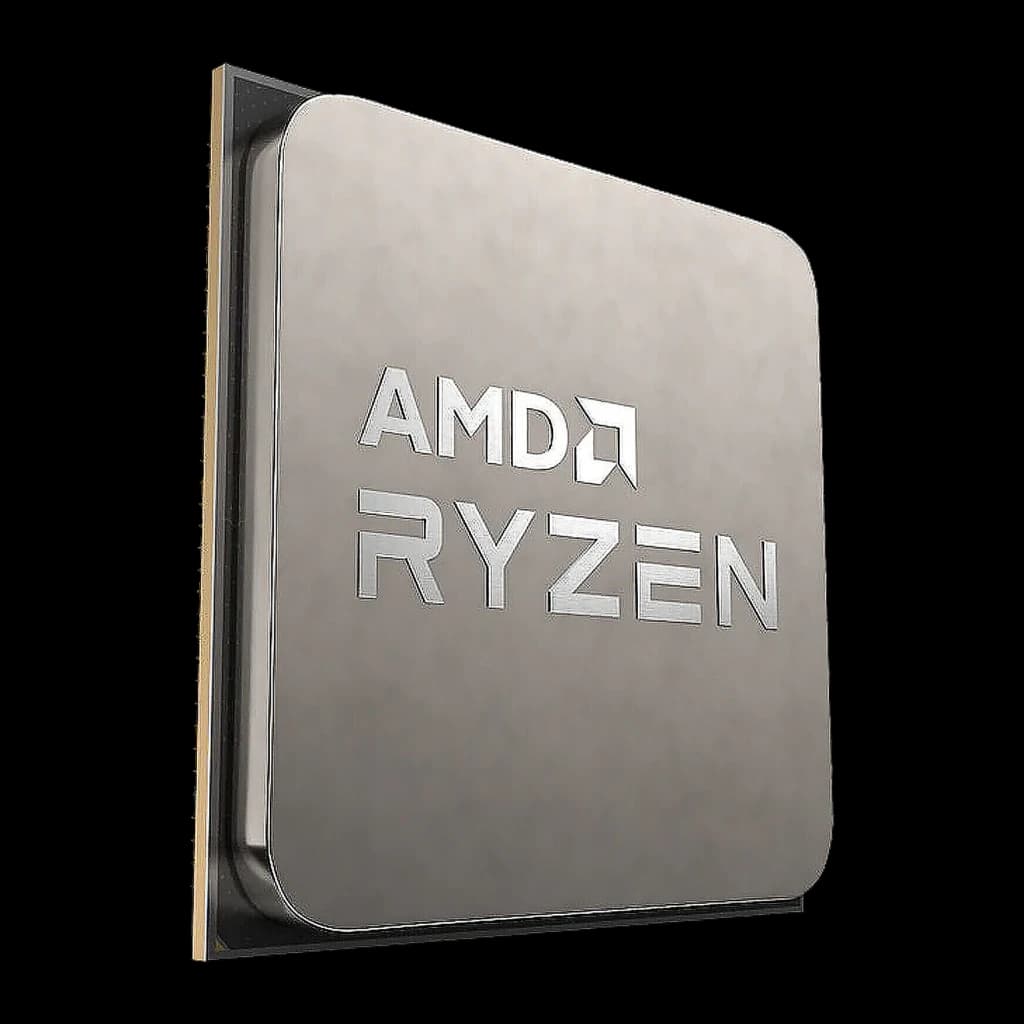 AMD Ryzen 5 5500F 6 Núcleos AM4 Tray, vista frontal: IHS metálico prateado com logótipo AMD Ryzen gravado, bordas douradas