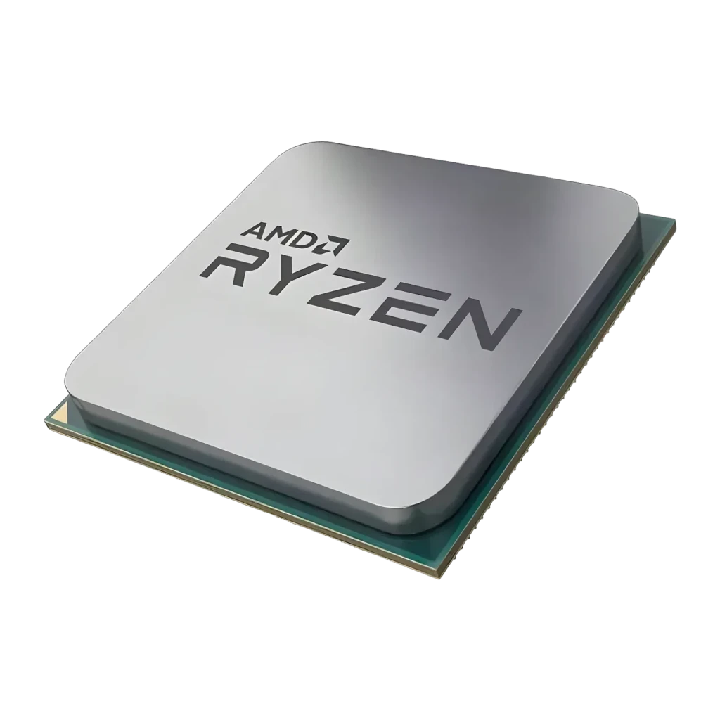 AMD Ryzen 5 5500F 6 Núcleos AM4 Tray, detalhe: tampa metálica prateada com logótipo AMD Ryzen gravado e substrato verde AM4