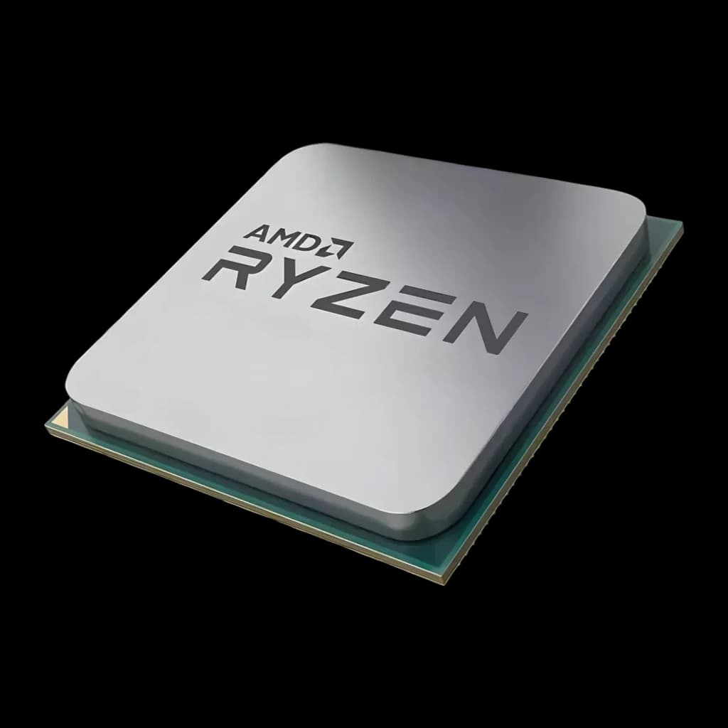 AMD Ryzen 5 5500F 6 Núcleos AM4 Tray, detalhe: tampa metálica prateada com logótipo AMD Ryzen gravado e substrato verde AM4
