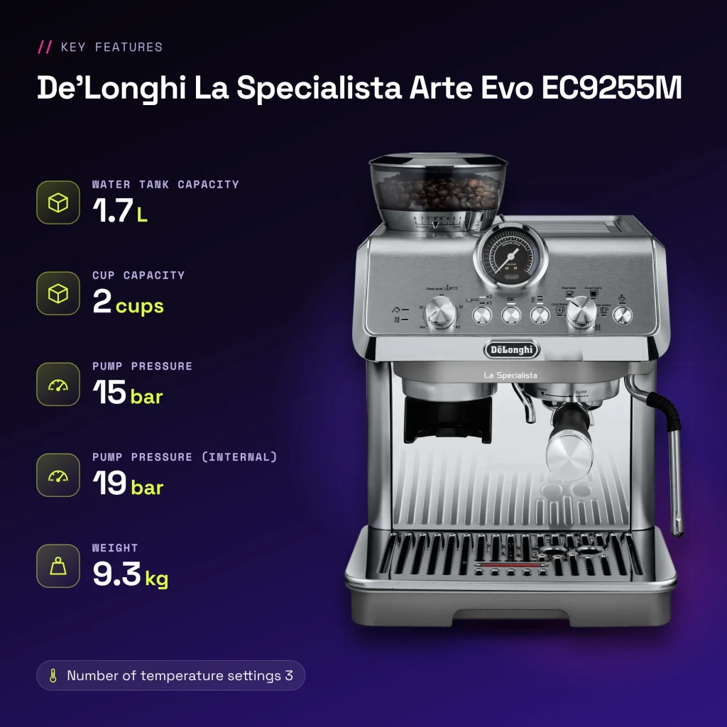 Cafetera Express De'Longhi La Specialista Arte Evo 1,7L Molinillo Acero Inox 8 Posiciones Gris EC9255M - características